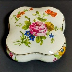 VTG Porcelain De Paris France Trinket Box Roses Flowers 2 Piece w Lid Pristine!